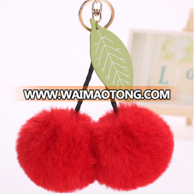 Cherry leaf pompom ball keychain